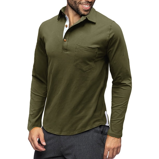 pstuiky camisas de hombre de manga larga, Camiseta informal de manga larga para hombre, color liso, con solapa, estilo retro. Tops casuales para hombres xxl