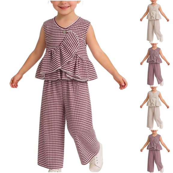 Fancifize Girls Summer Striped Lounge Sets Casual Ruffle Hem Tank Tops Loose Wide Leg Pants Kids Sleeveless Outfits