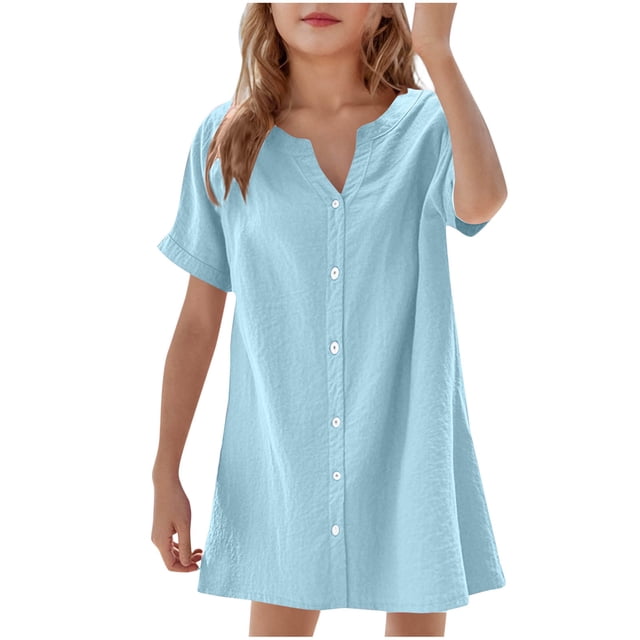 breaise Robe Fille Mignonne à Boutons, Robe Chemise d'Été à Manches Courtes, Robe Trapèze, Coupe Droite Évasée, Robe T-Shirt d'Été Bleu Pâle 160