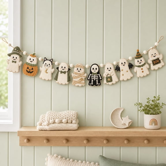 Garland Ghost Costume Pumpkin Cat Mummy Skeleton Wooden Mantel Wall Decor Halloween Party