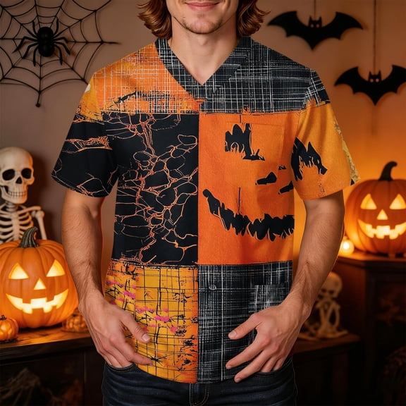 Domuza Halloween Scrub Tops Men Novelty Spooky Print V-Neck Short Sleeve Caregiver Uniform Shirts Comfy Soft Classic Fit Medical Scrub Tops 2XL