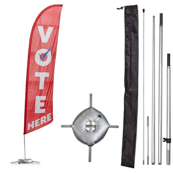 Vispronet Premium Vote Here Feather Flag Kit, 13ft Red Vote Flag, Pole Set, Cross Base & Weight Bag