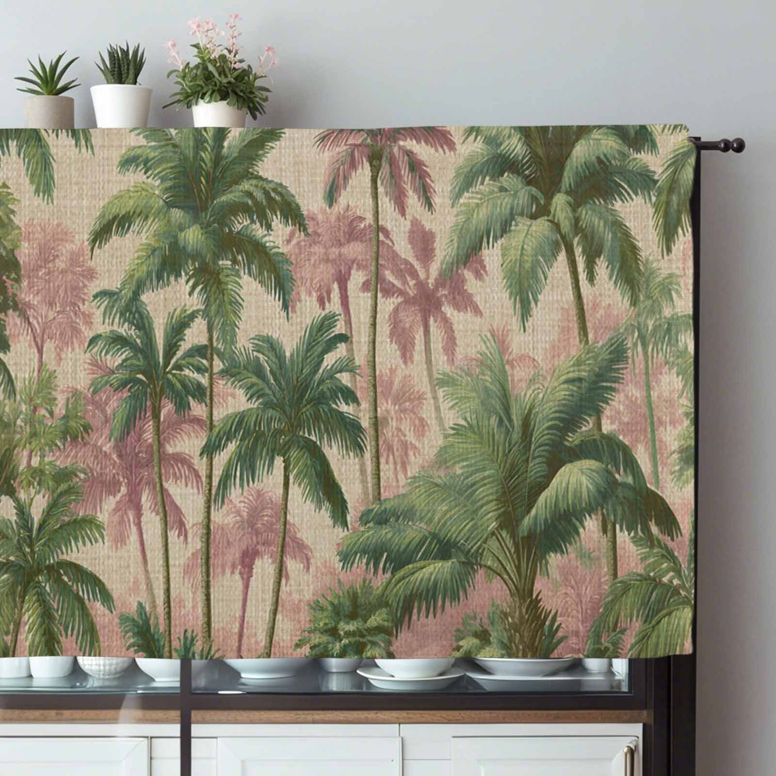 Summer Palm Tree Valances for Windows, 60x18in, Vintage Tropical Green Jungle Tree Leaf Linen Texture Rod Pocket Kitchen Valance Curtain Light Filtering Window Treatments for Living Room Bedroom