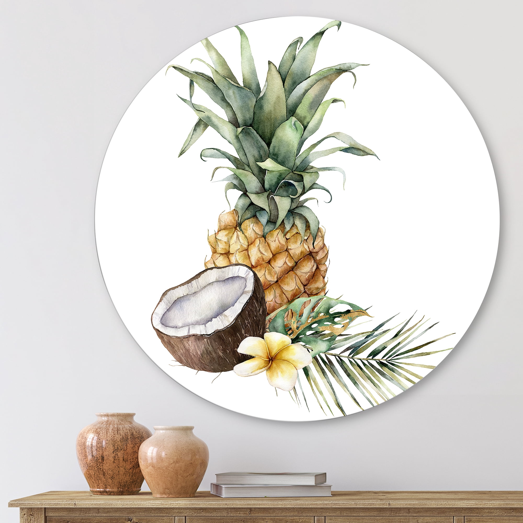 Designart 'Pineapple With Plumeria Coconut and Palm Leaves' Traditional Circle Metal Wall Art 23x23 - Disc of 23