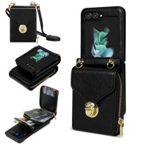 for Samsung Galaxy Z Flip 5 Case Wallet with Shoulder Strap for Women - Crossbody Lanyard,Zipper Pocket,Credit Card Holder,Shockproof - Metal Buckle Closure Premium PU Leather Case, Black