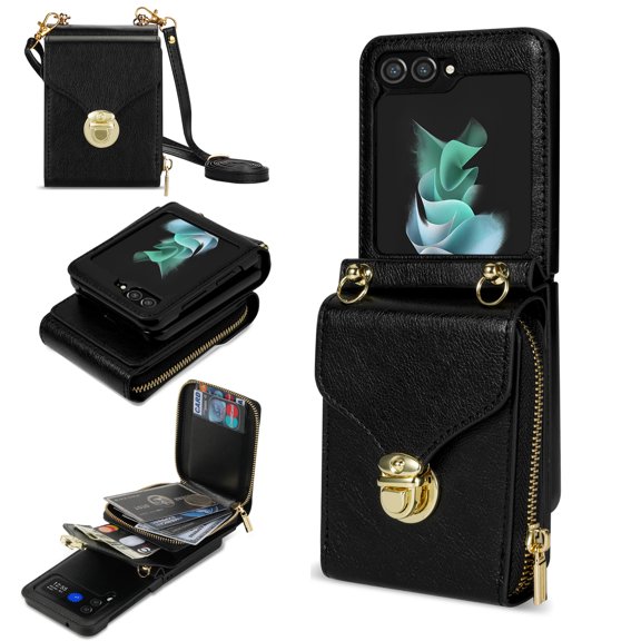 for Samsung Galaxy Z Flip 5 Case Wallet with Shoulder Strap for Women - Crossbody Lanyard,Zipper Pocket,Credit Card Holder,Shockproof - Metal Buckle Closure Premium PU Leather Case, Black