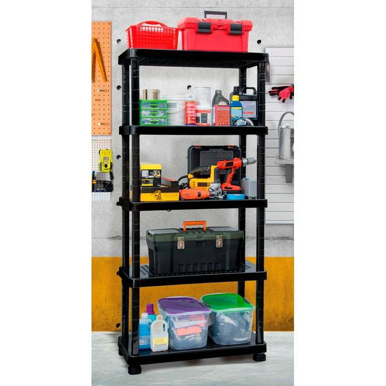 Plastic storage shelves and cabinets