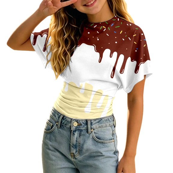 Tfken Girls Soft Comfy Tops Holiday Daily Wear Summer Short Sleeve Crew Neck Tshirts Tees With Ice Print Comfortable T-Shirts Child Stretch Clothes Size 3-4 Years