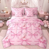 Homewish Kawaii Bow Twin Bedding Sets 7-Piece for Kids Children Girls,Dreamy Princess Bedding Comforter Set Microfiber,Cartoon Bow Knot Breathable Sheet Sets,Ultra Soft Home Decor,Reversible