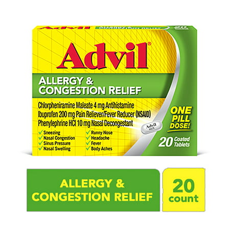 Advil Allergy & Congestion Relief (10 Count) Pain Reliever / Fever Reducer Coated Tablet, 200mg Ibuprofen, Sneezing, Nasal Decongestant, Sinus