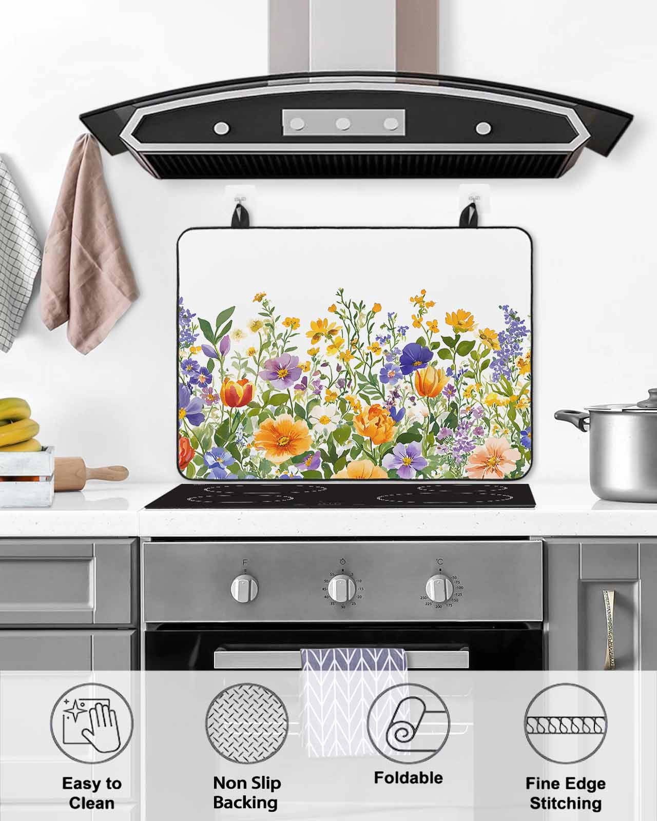 nqOlkjepod Large Induction Cooktop Protector Mat 24"x21", Colorful Floral Stove Top Covers for Electric Stove, Botanical Blossom Flowers Herbs Motif Stove Burner Cover Mats, Glass Top Stove Cover