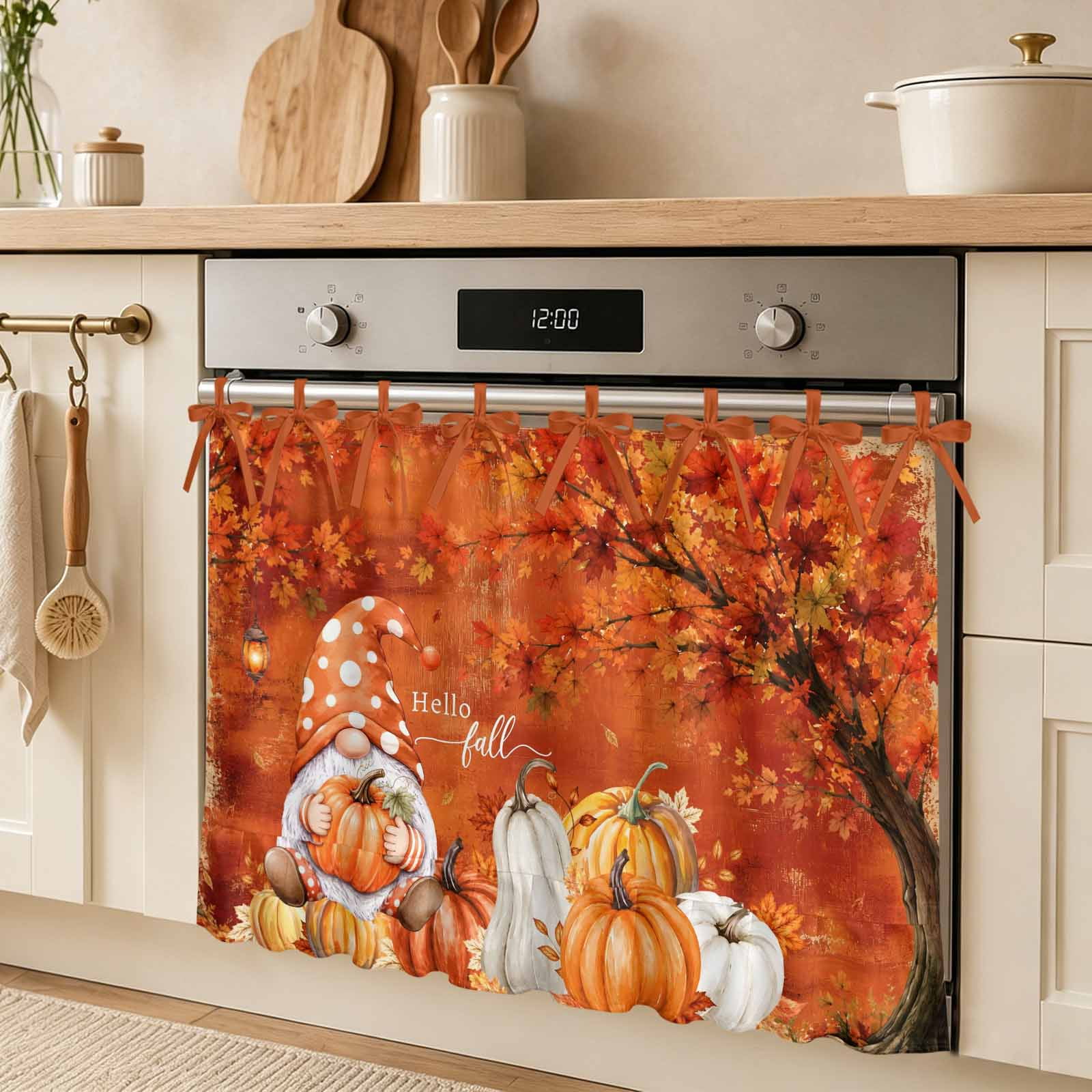Happy Fall Oven Skirt Curtain Thanksgiving Farmhouse Gnome Orange Pumpkin Maple Leaf Tie Top Tier Curtains Stove Dishwasher Skirt Small Window Drapes for Kitchen Bathroom Cafe 30 x21.5
