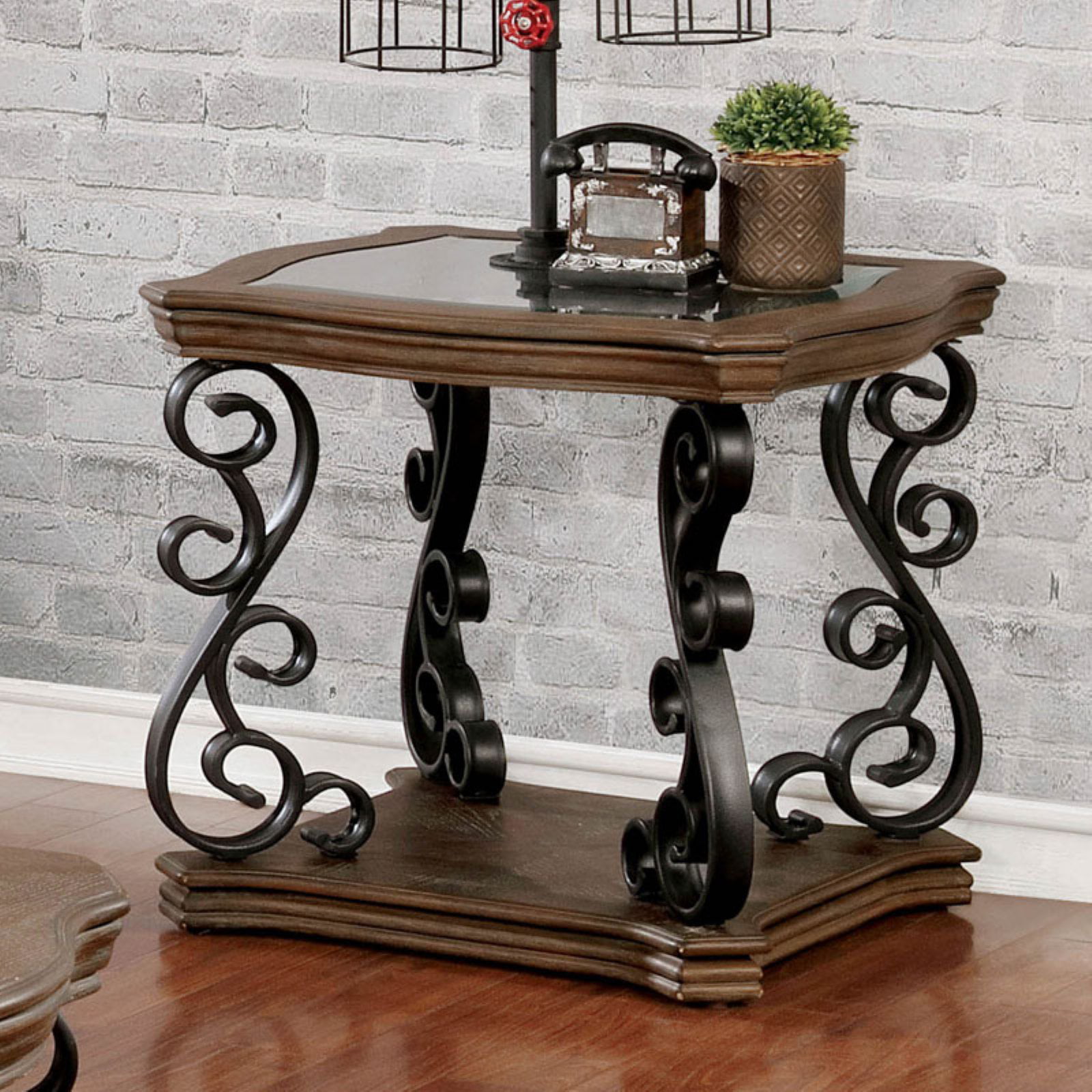 Black Metal Tempered Glass Top Accent Table Magazine Rack End Bed Side Scroll 
