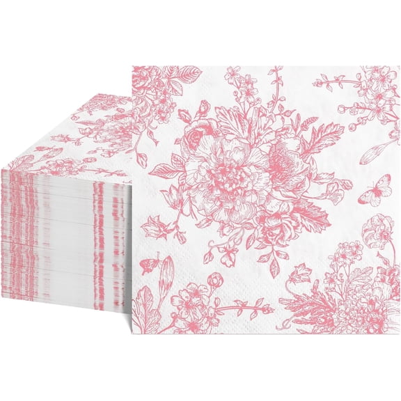 Pink Floral Napkins, Pink and White Toile Cocktail Napkins Vintage Flower Butterfly Design Decoupage Napkin for Wedding, Bridal Shower, Tea Party