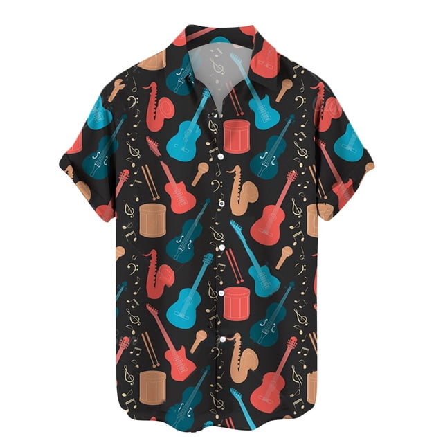 Chemise à Boutons pour Hommes Mode Été 2024 Personnalité Décontractée Instrument de Musique Numérique Manches Courtes-Week