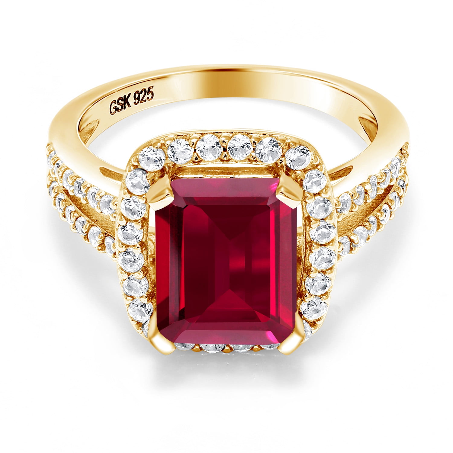 Gem Stone King 4.38 Cttw Red Created Ruby and White Created Sapphire 18K Yellow Gold Plated Silver Ring for Women | Wedding Engagement Anniversary Promise Ring for Women | Size 9