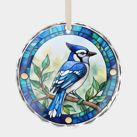 Blue Jay Bird Watercolor Bluejay Pet Bird Lover Stained Glass Style (Flat Print, Not Real Stained-Glass,) 3 inch Premium Crystal Glass Christmas Ornament Xmas Gift Tree Decor Ornaments