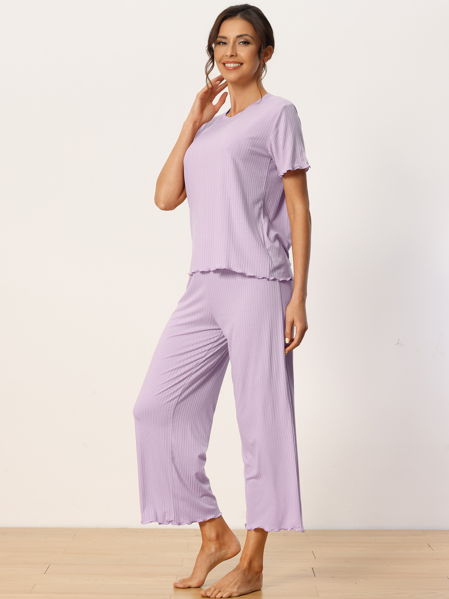 DARING DIVA Women's Ribbed Knit Round Neck Short Sleeve Pajamas Set M Purple