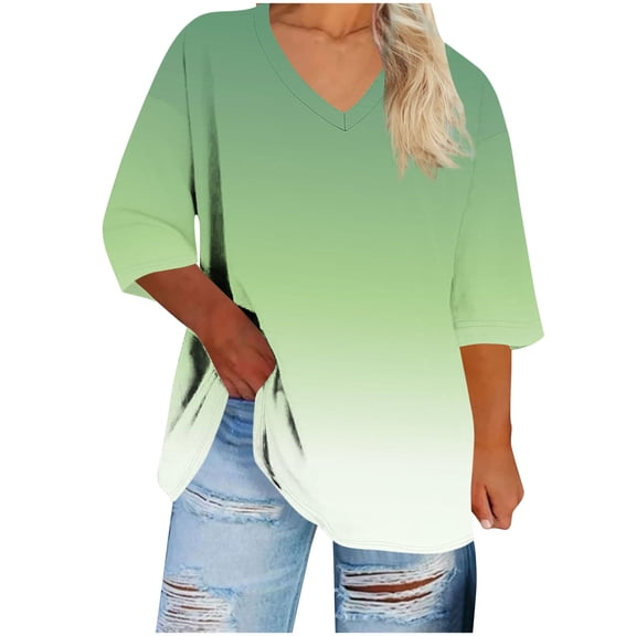 cocolona Womens Summer Plus Size Tops Oversized V Neck Gradient Color T-shirts Fashion Casual Loose 3/4 Sleeve Blouses Basic Tees