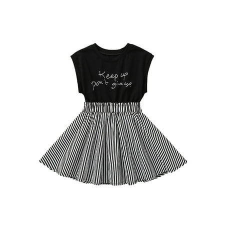 

TheFound Summer Causal Kids Girls Dress Letter Printed Striped Patchwork Sleeveless Knee Length A-Line Sundress