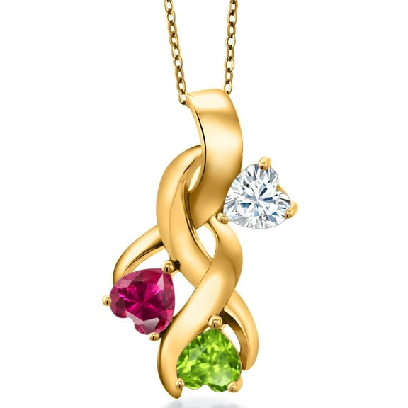 Gem Stone King 18K Yellow Gold Plated Silver White Moissanite and Red Created Ruby and Green Peridot Pendant for Women (1.52 Cttw, Gemstone, Heart Shape 5MM, 18 inch Chain)