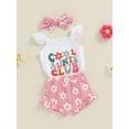 thumbnail image 3 of Suealasg Baby Girl 3Pcs Summer Clothes Set Fly Sleeve Flower Print Romper Ruffled Shorts Headband 3 6 12 18 Months Infant Girl Cutes Outfits, 3 of 7