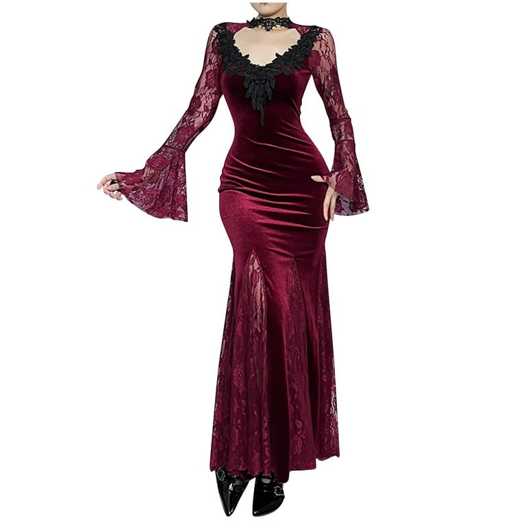 Aunvito Women's Gothic Lace Fish Tail Long Sleeve Dress Elegant Turn-Down Collar Stretch Polyester Spandex Evening Party Wear, Size: Medium, Red