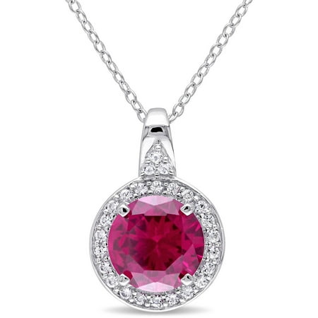 Tangelo 3-5/8 Carat T.G.W. Created Ruby and Created White Sapphire Sterling Silver Round Halo Pendant, 18