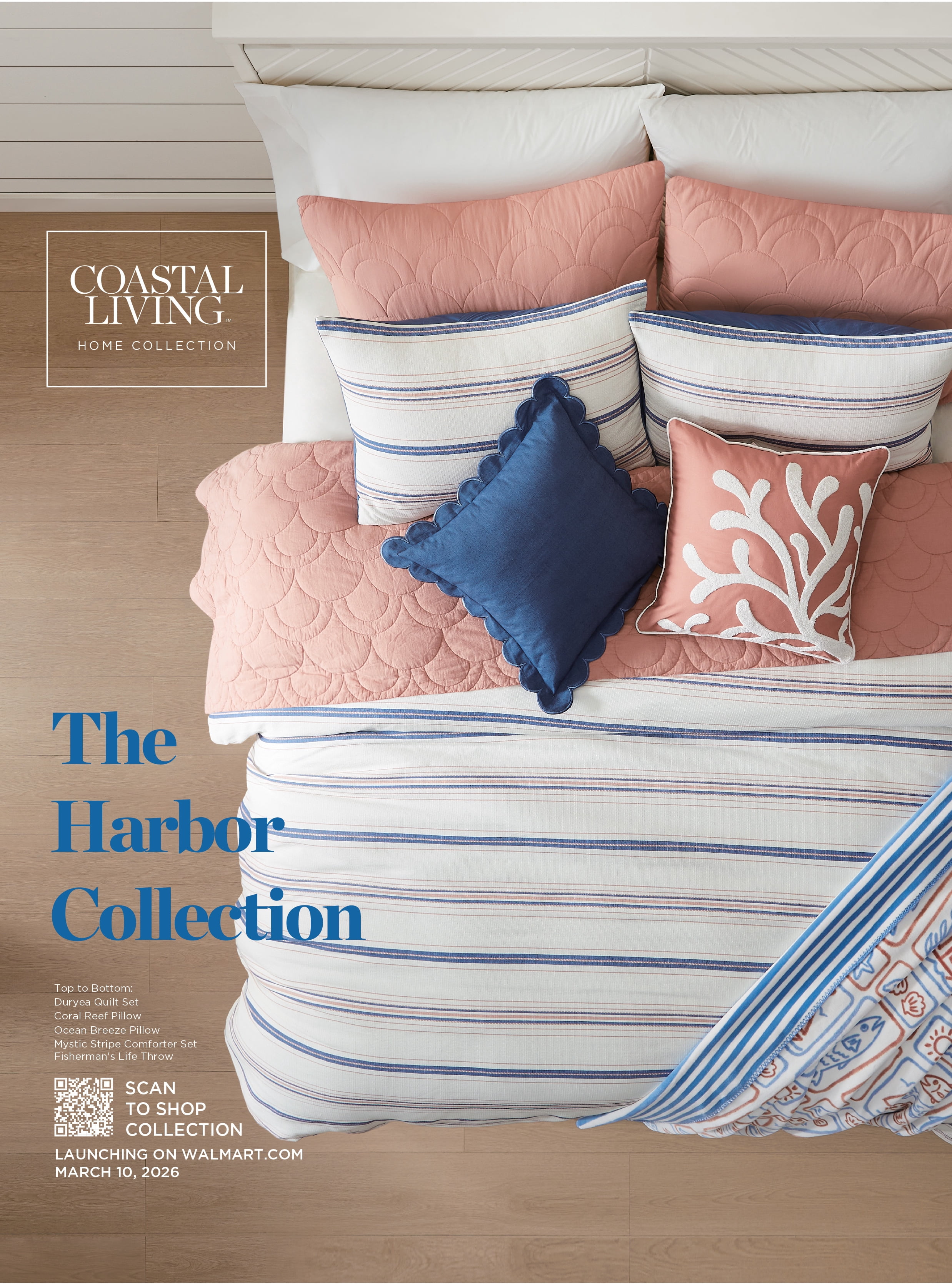 Coastal Living 18" x 18" Blue Scallop 100% Cotton Decorative Throw Pillow for Couch or Bed