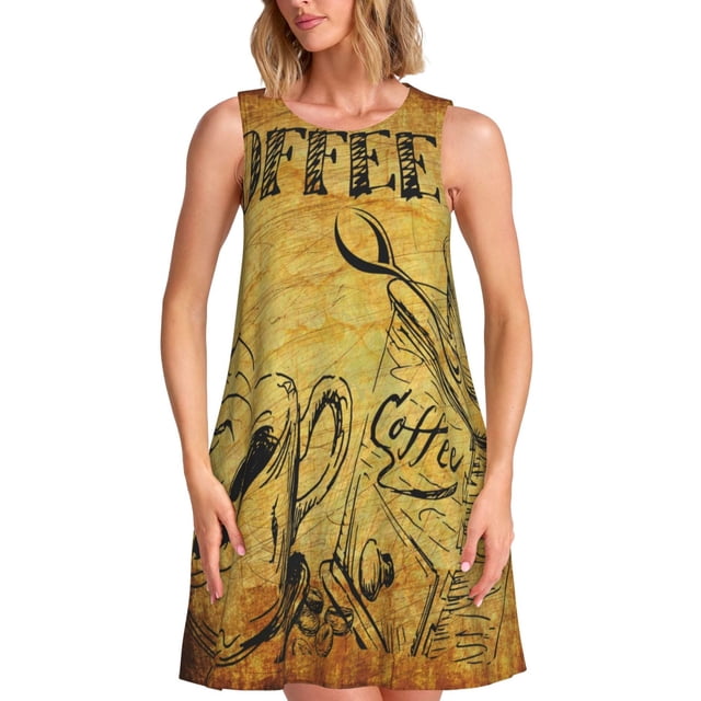 Fotbe Coffee Vintage Vestido de Verano sin Mangas para Mujer – Vestido Midi Línea A, Estilo Camiseta Floral, Vestido Playero Casual y Fluido