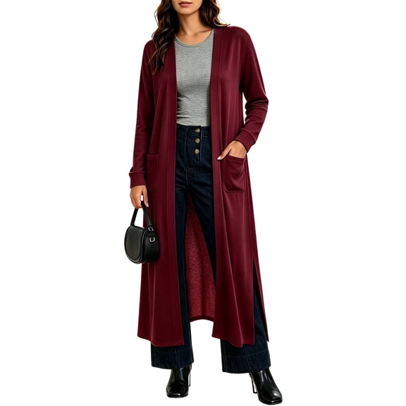 Ghalytn Women's Open Front Maxi Cardigan Long Sleeve Duster Coat with Pockets and Side Slits Casual Layering Outerwear