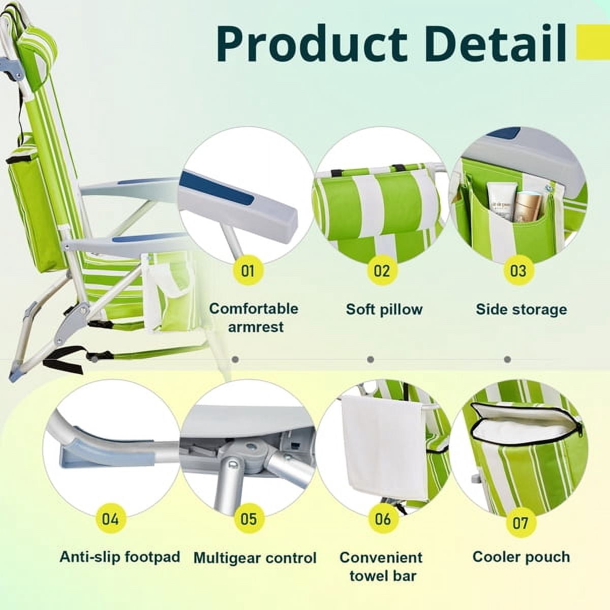 Alvantor 5-Position Folding Beach Chair for Adults with Headrest, Cup Holder, Cooler Bag, Shoulder Strap, Green Stripe