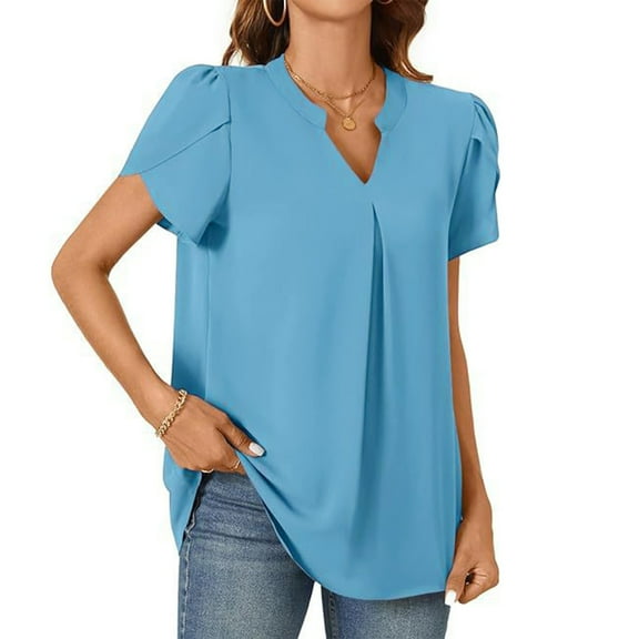 SNKSDGM Easter Shirt Spring Tops for Women 2025 Trendy Work Women's Summer Casual T Shirts Dressy Chiffon Blouses Petal Short Sleeve V Neck Tunic Tops for Leggings Plus Size Tops for Women Dressy 3X