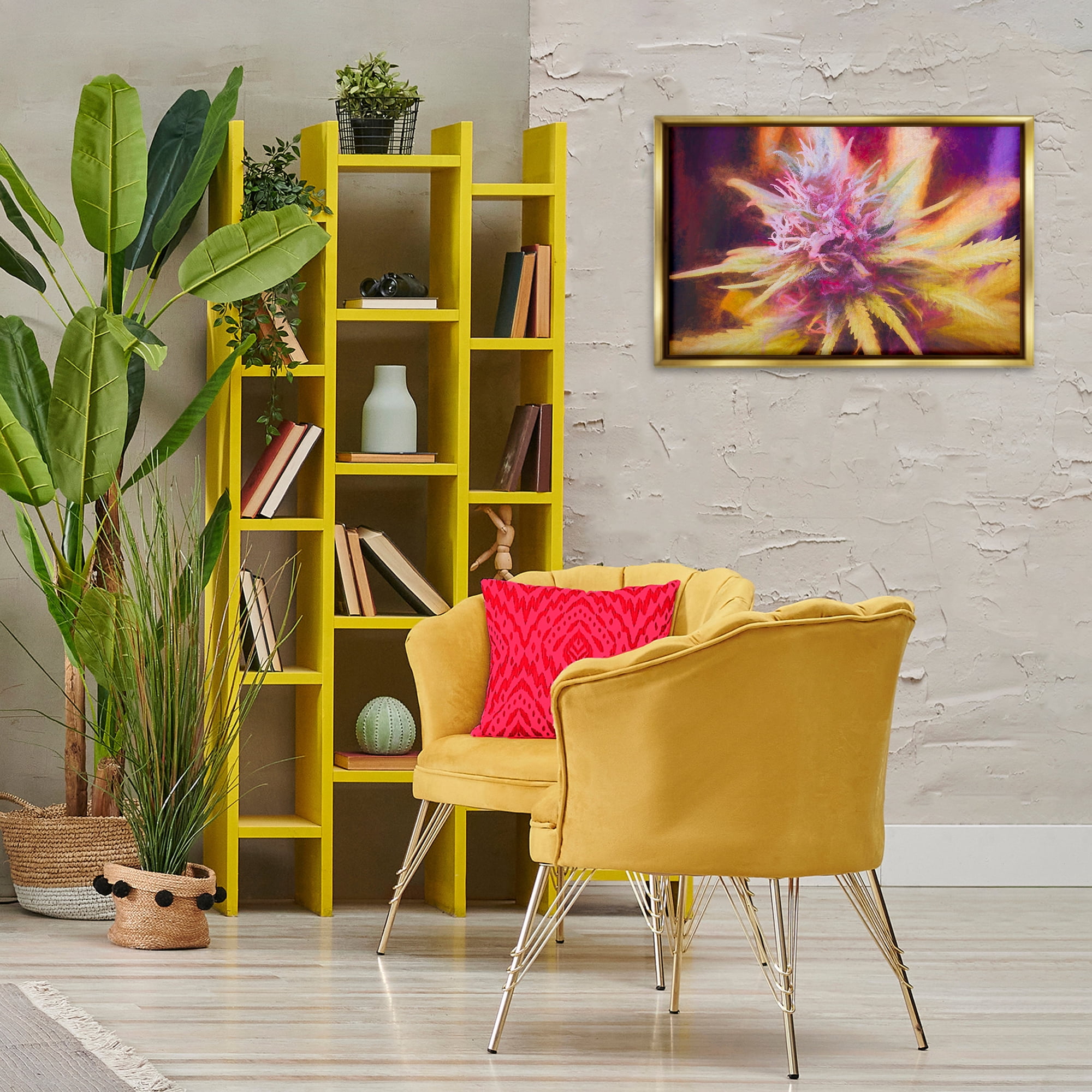 Stupell Industries Chalk Cannabis Flower Plants & Flowers Painting Gold Floater Framed Canvas Art Print Wall Art, 25 x 17