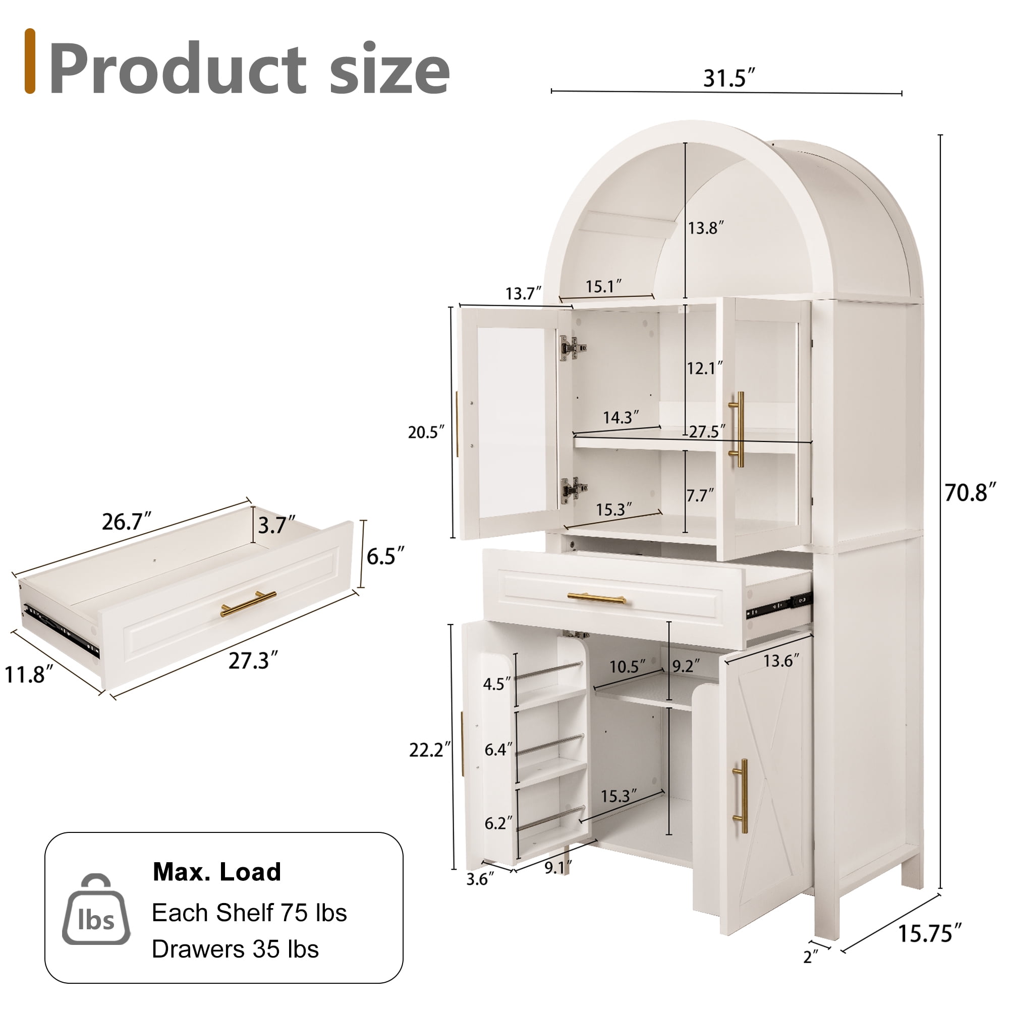 Mintazer Arched Farmhouse Kitchen Pantry Cabinet with Glass Doors, 71" Tall Freestanding Storage with Adjustable Shelves & Drawer for Kitchen Living Room Dining Room, White
