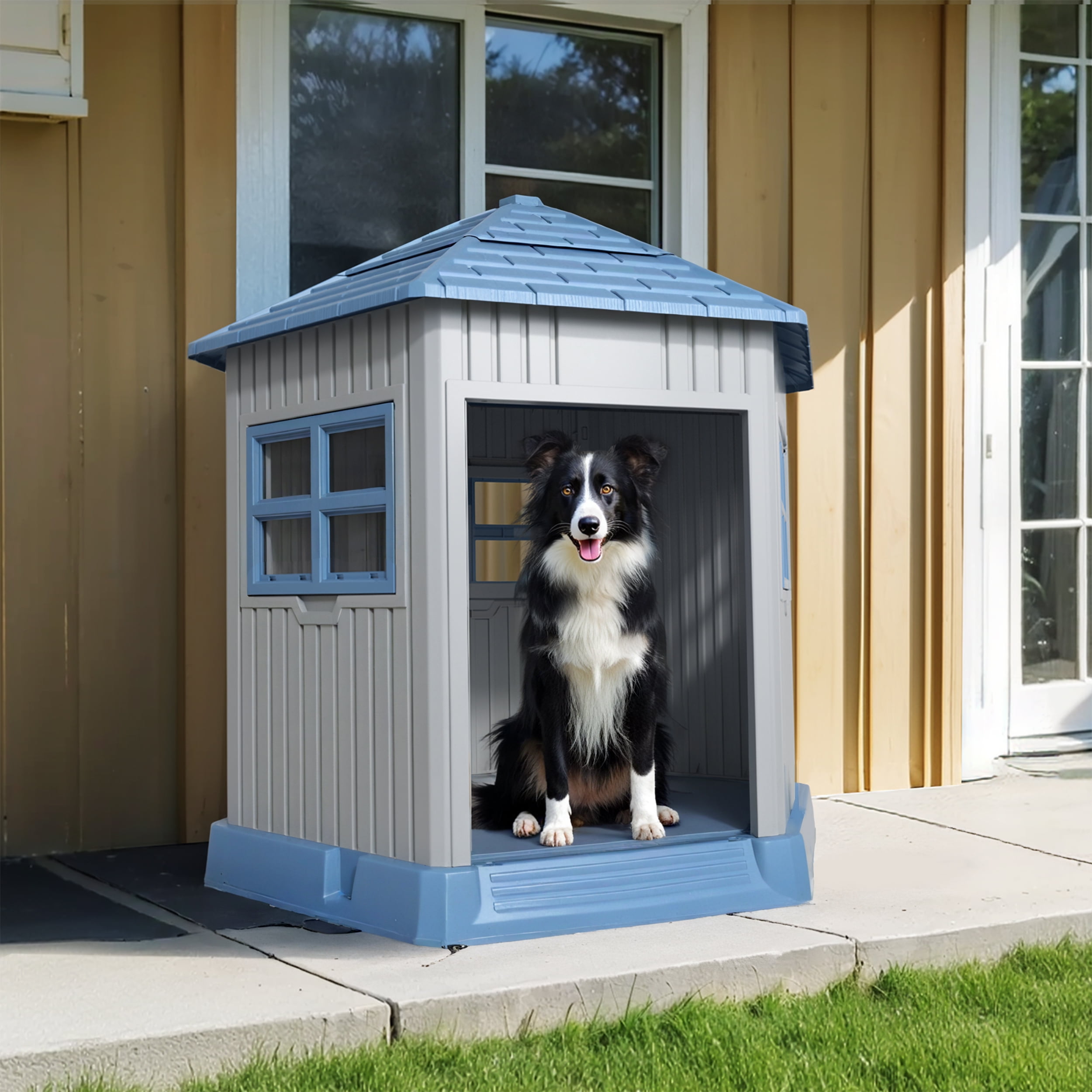EasyUp Dog House Indoor Outdoor Durable Large Dog Shelter with Outside Dog Kennel with Window and Elevated Floor for Small Medium Dogs (Blue&Grey, 34.8 * 30.51 * 36.89)