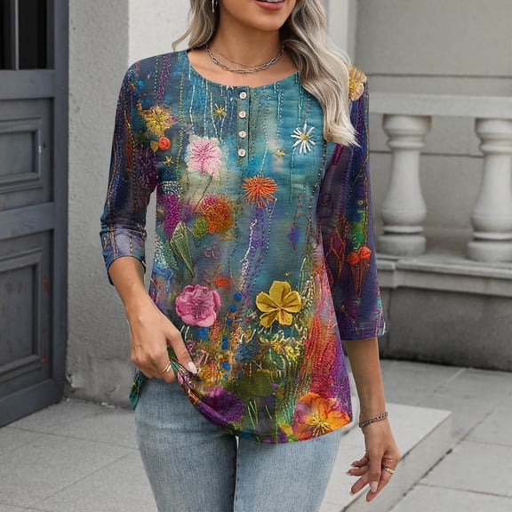 Women's Printed Casual Three-Quarter Sleeve Round Neck Loose Fit T-Shirt Top