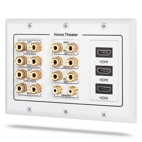Fosmon (3-Gang Wall Plate, 7.2 Surround Sound Distribution) Home Theater Copper Banana Binding Post Coupler Type Wall Plated for 7 Speakers, 2 RCA Jacks for Subwoofers & 3 HDMI Ports