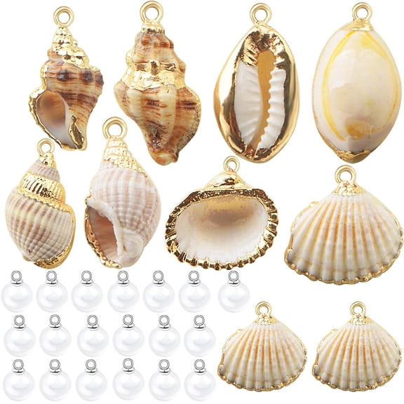 30pcs 8 mm White Pearls Handmade Beads Set and 10pcs 5 Styles Natural Beach Shell Conch Seashell Charms Pendants  for Women DIY Crafts Jewelry Making Decoration Gift