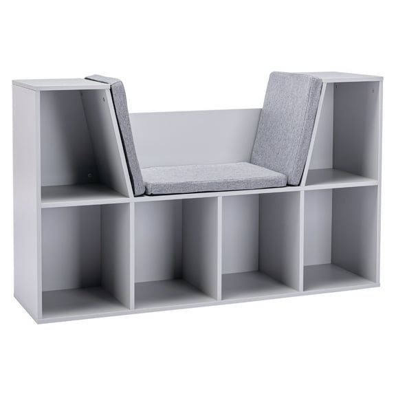 6-Cubby Kids Bookcase with Reading Nook and Cushion, Multi-Purpose Storage Organizer for Bedroom, Living Room, Grey