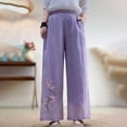 thumbnail image 2 of Casual Pants for Women Elastic Waist Embroidered Loose Cropped Wide Leg Linen Blend Casual Trousers, 2 of 3