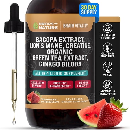 Creatine & Bacopa Liquid Drops with Lion’s Mane, Green Tea & Ginkgo Biloba - Faster Absorbing Blend than Gummies & Pills - Vegan Supplement for Enhanced Focus & Cognition (Strawberry Watermelon, 60mL)