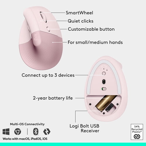 Logitech Wave Keys and Lift Ergonomic Wireless Keyboard and Mouse Combo, Rose