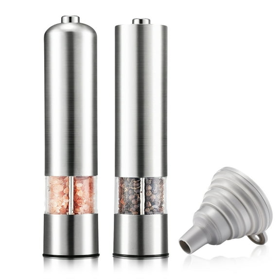 Hengswere Electric Salt and Pepper Grinder, Battery Operated Auto Mill with Funnel & Packing Bags, Light and Adjustable Coarseness, Stainless Steel