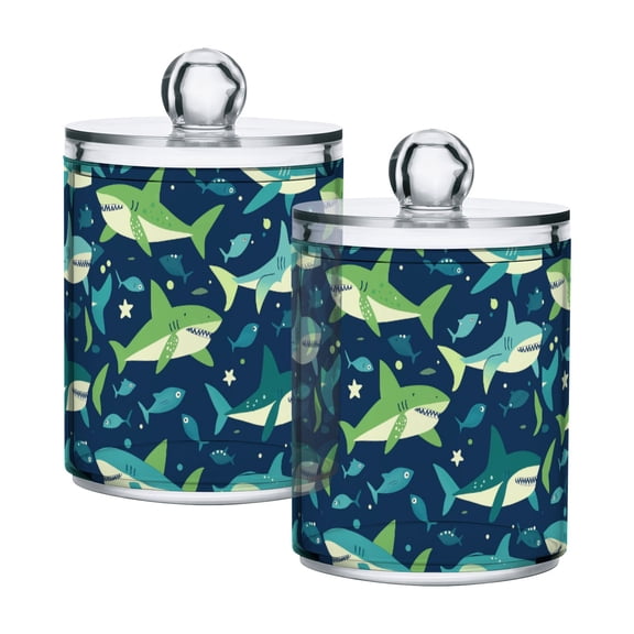 Yayeee 2 Pack Qtip Holder Bathroom Cotton Swab Canister with Lid Clear Dispenser Set, Sharks Pattern