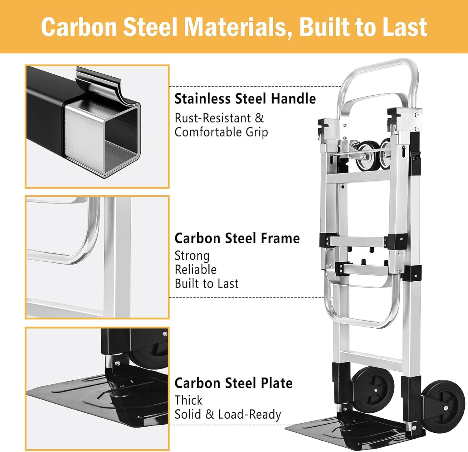 600 LBS Heavy Duty Dolly Cart with Wheels, 3-in-1 Folding Hand Truck with Retractable Handle, Aluminum Alloy Collapsible Hand Cart for Warehouse Home Supermarket