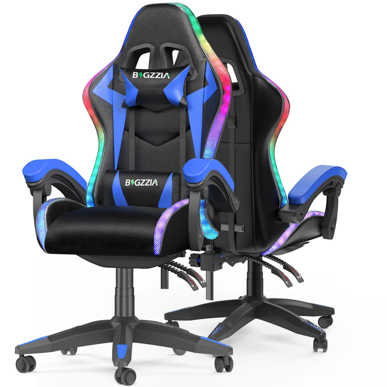 Bigzzia Gaming Chair with LED Lights, Computer Chair with Lumbar Support, Ergonomic High Back Video Game Chair with Swivel Seat and Headrest, Blue