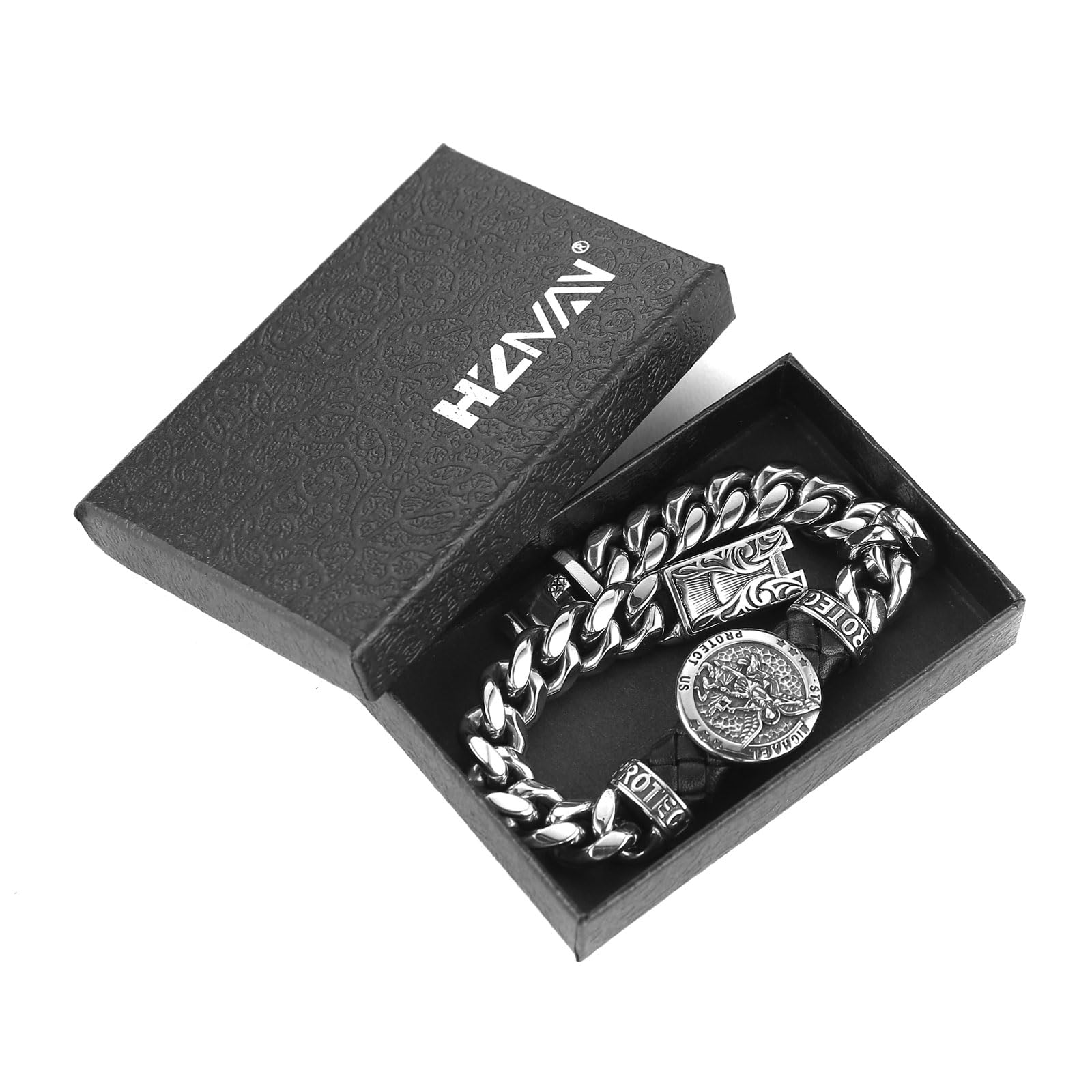 HZMAN 8.5Inch Cuban Chain Bracelet Classic Heavy Stainless Steel Bracelet for Men Biker Saint Michael Archangel Medal Link Bracelet Jewelry Gift