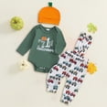 thumbnail image 2 of NOLDARES My First Halloween Baby Boy Outfit Long Sleeve Pumpkin Romper Suspender Pants Set with Hat Newborn Boy Fall Clothes(Green,9-12 M), 2 of 5