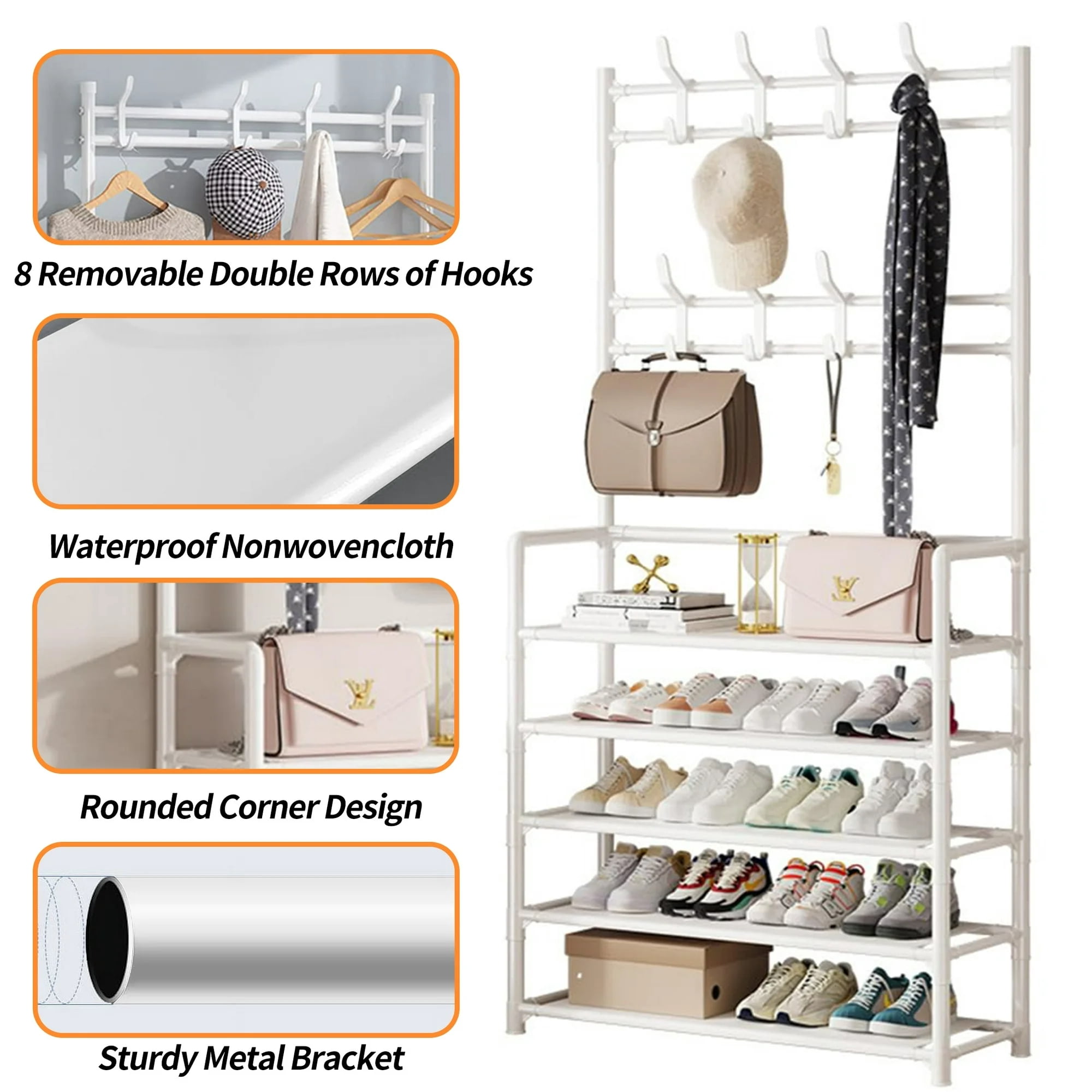 3-in-1 Entryway Coat Rack with Shoe Rack, Coat Rack With Shoe Storage，Coat and Shoe Rack, 31x10x67 inch， Multipurpose Hat and Shoe Storage Rack with 5-Tier 8 Hooks,  White